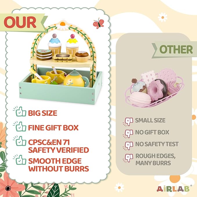 Wooden Tea Sets for Little Girls 1-3 Play Food Cake Toys Toddlers 3-5 Kitchen Accessories Pretend Play Princess Playset for 2 3 4 5 6 Year Old Girl Boy Party Birthday Gift