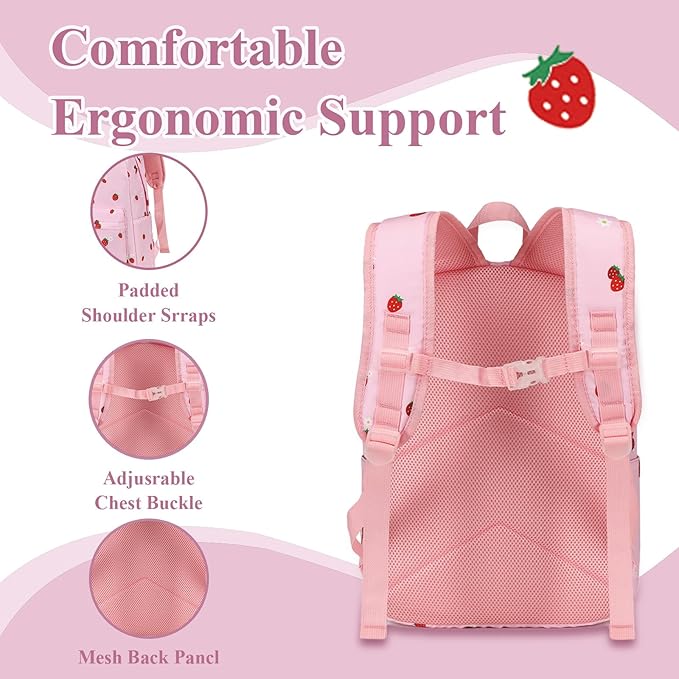 LEDAOU Kids School Backpack with Lunch Box for Girls Kindergarten BookBag School Bag Preschool Toddler Backpack (Pink Strawberry)