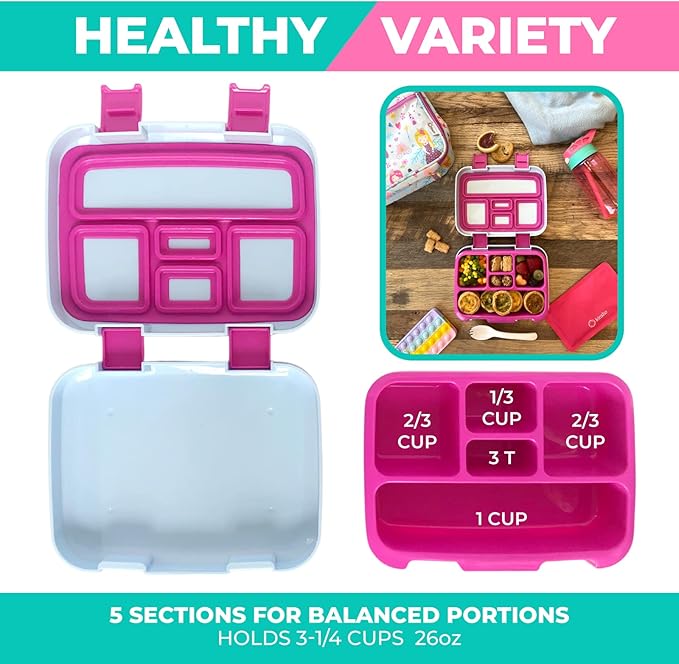 Bento Lunch Box with Stainless Steel Thermo, Matching Insulated Lunch Bag and Ice Pack Set for Girls, Kids, 5 Divided Compartments, Snack Container for Toddler Daycare, Pink Fairy Princess
