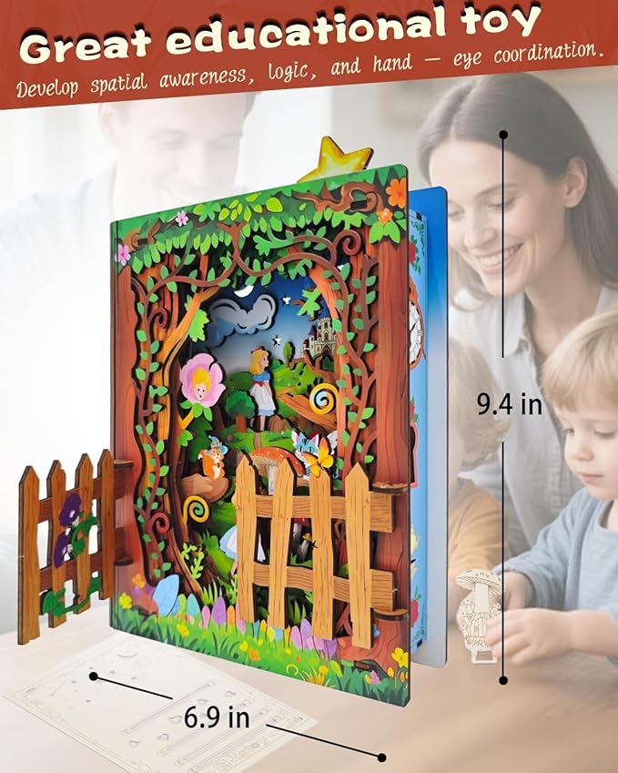 3D Wooden Puzzles for Kids - Alice in Wonderland Book Nook Kit with LED Night Light