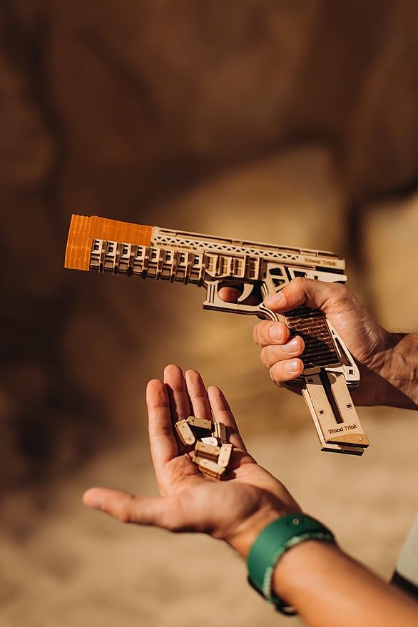 Wood Trick Defenders Gun 3D Wooden Puzzles for Adults to Build - Shoots up to 13 ft - 2 Clips - 9x5 in - Wooden Model Kits for Adults - 14+