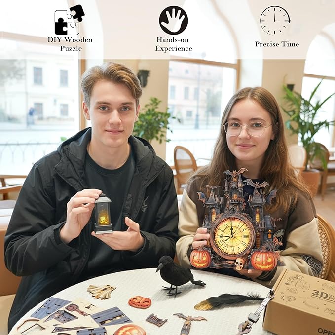 3D Puzzle for Adults Clock - Halloween Hut Clock Design Model Kit-Mechanical DIY Pendulum Clocks with Roman Numerals-Desk Home Office Decor Personalized Gift for DIY Lovers