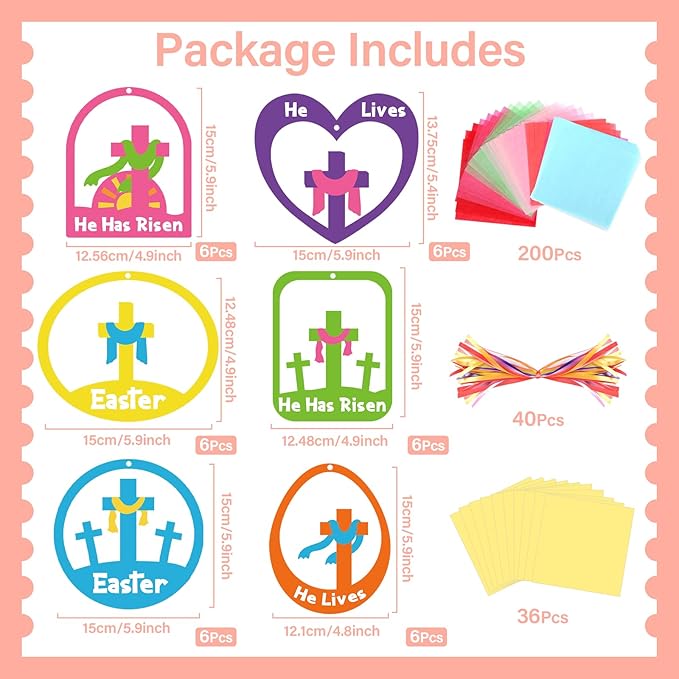 Qyeahkj 36 Set Easter Suncatchers Crafts for Kids DIY Resurrection Church Window Tissue Paper Crafts Kit He is Risen Hanging Decor for Religious Cross School Home Activity Art Project Favor Gift