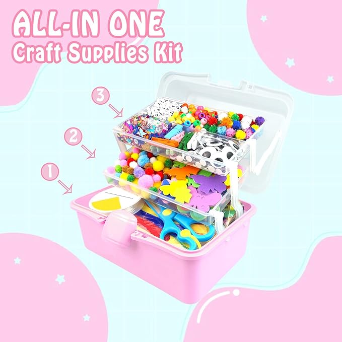 3000Pcs Arts and Crafts Supplies for Kids Craft Kits with Pipe Cleaners Crafting Supply All in 3 Layered Craft Box DIY Crafts for Kids Ages 4-8 8-12 Homeschool Supplies Toys Gifts for Girls & Boys