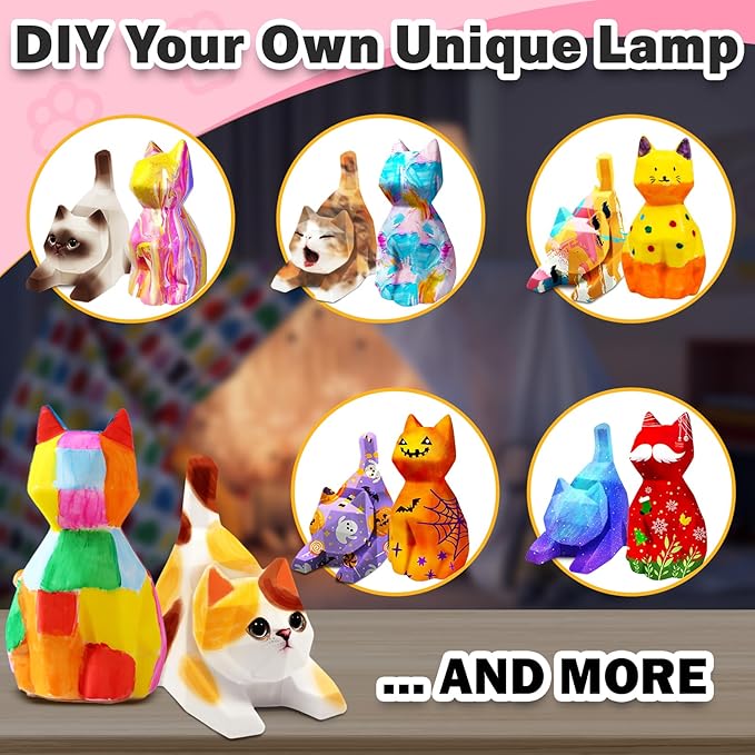 FUNZBO 2pcs Paint Your Own Cat Lamp Kit - Arts and Crafts Supplies Kitten Painting Kits for Kids Teens Adults, DIY Night Light Toy for Toddlers Girl Boy Ages 3 4 5 6 7 8 9 10 11 12 13 + Birthday Gifts
