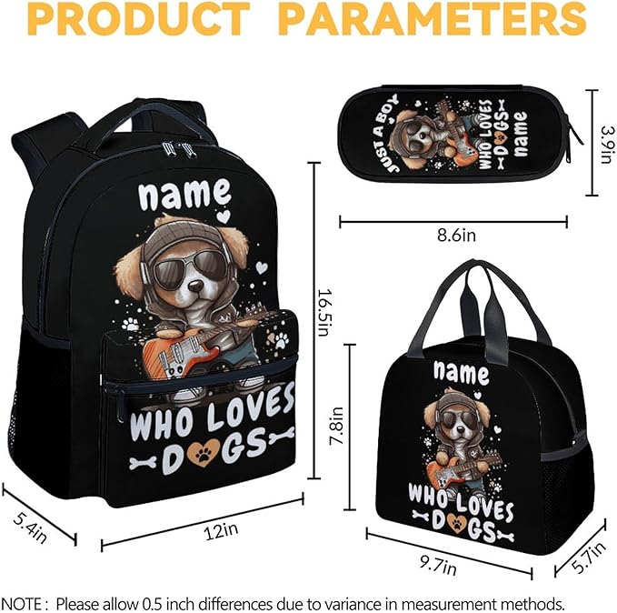 Custom Dog Backpack with Lunch Box, Set of 3 School Backpacks Matching Combo, Cute Black Bookbag and Pencil Case Bundle