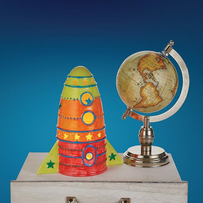 MindWare Paint Your Own Porcelain: Rocket Light with 2 Tea Lights, 12 Paints & 2 Brushes - Creative paintable Pottery Crafts & Gift Kits for Kids