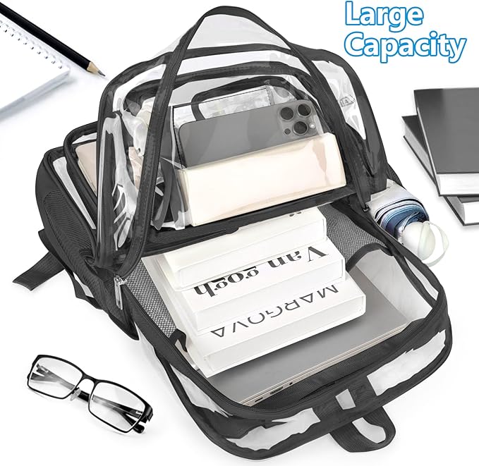 Black Clear Backpack, Heavy Duty PVC Clear Bag for Stadium Events, Transparent Backpack with Reinforced Straps & Stitches for Girls Boys, Large Capacity Bookbag for School, Travel, College, Work