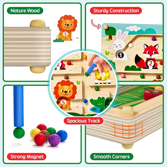 Magnetic Maze 2 in 1 Double Side Color and Number Maze Alphabet Puzzle Board for 3-5 Boys and Girls Kids Montessori Educational Toys (Zoo, One Size)