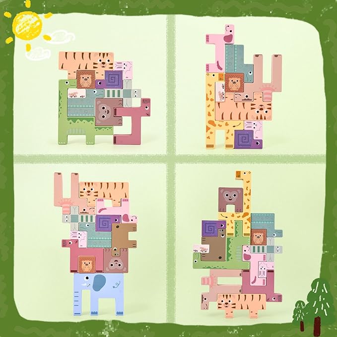 Vileafy Wooden Puzzles for Toddlers 3-5 – Montessori Animal Wooden Stacking Puzzle Toy, Preschool Learning Toy & Shape Matching Blocks for Kids
