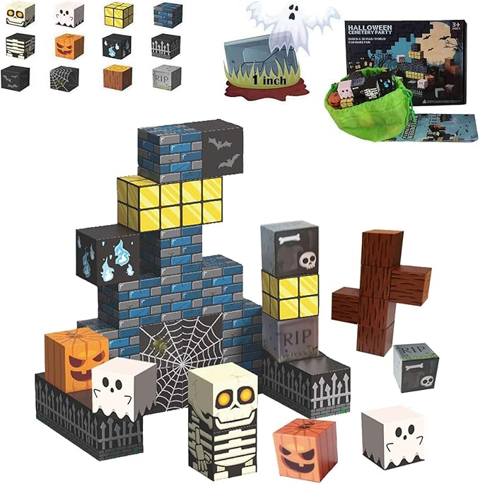 Halloween Themed Magnetic Blocks for Kids Skeleton Toys Spooky Town Building Kit Halloween Party Favors Gift for Children & Adults(1 inch)