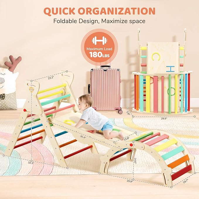 Pikler Triangle Set 7-in-1 Foldable Montessori Wooden Climbing Toys for Toddlers 1-5 Years Indoor Jungle Gym with Slide, Arch Ladder & Ramp Solid Wood Baby Activity Climber( Rainbow)