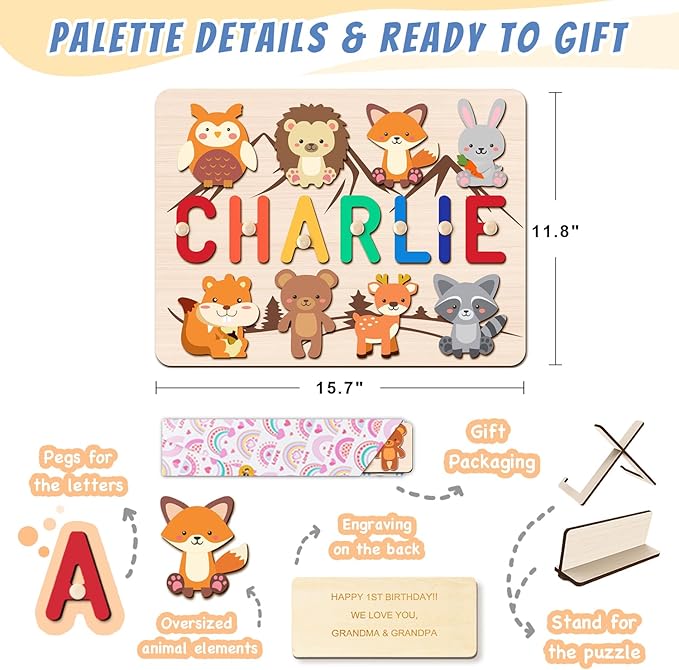 Personalized Name Puzzle for Kids, Custom Baby Gifts for Toddler 1-3, Customized 1st Birthday for Girls & Boys Wooden Animal Puzzle Montessor Toys for Kids