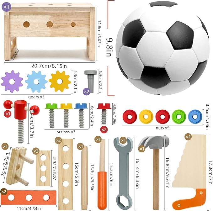 29Pcs Montessori Wooden Kids Toy Tool Box Set, Toddler Early Educational Pretend Play Construction Activity STEM Learning Toys for 2 3 4 5 Year Old Boy Girl, 1st Birthday Gifts