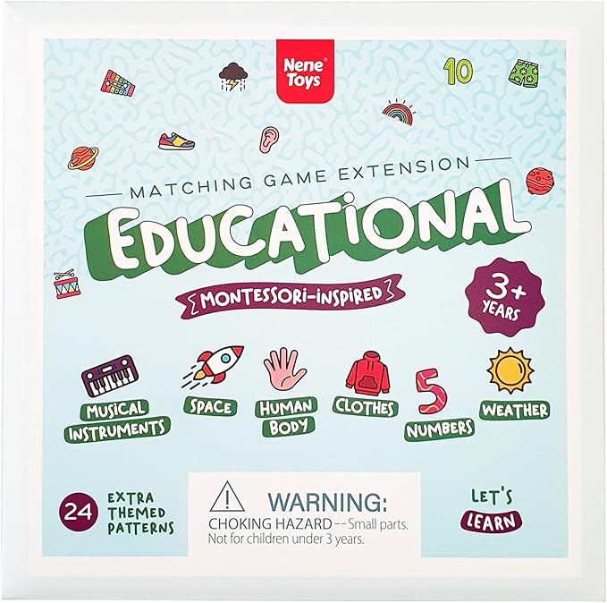 Nene Toys Educational Memory Extension Cards - 24 Extra Themed Patterns โ Additional Matching Cards with Numbers, Letters, Animals, Body Parts Exclusive Size