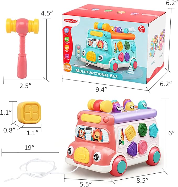 Music Activity Bus Baby Toy, Infant Education Learn Car, Sound & Light, Interactive Game, Shape Sorter, Animal Matching, Holiday Birthday Present for Toddler Kid Boy Girl 3 4 5 6 7 Years (Pink)