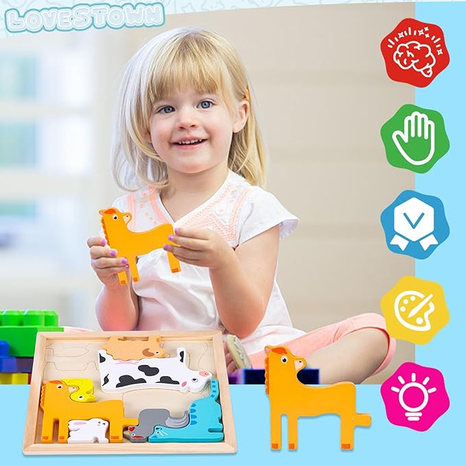LovesTown Wooden Stacking Puzzles for Kids, Farm Animal Chunky Jigsaw, Educational Learning Toy, 12 PCS
