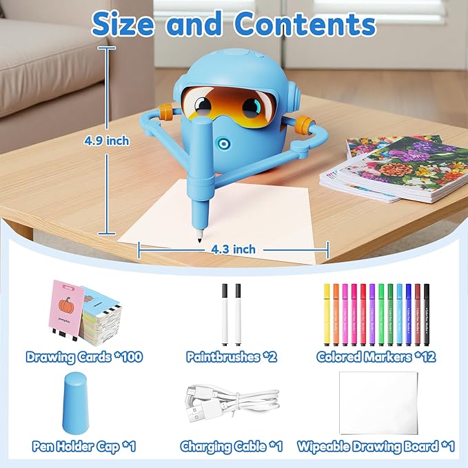 Drawing Robot for Kids, with 100 Word Cards, 12 Color Pens, Voice Interactive Educational Drawing Machine, Montessori Painting Learning Toys for 3 4 5 6 7 8 Year Old Boys Girls Birthday Party (Blue)