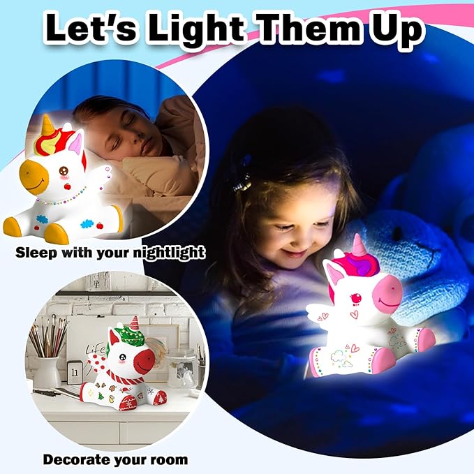 FUNZBO Paint Your Own Unicorn Lamp Kit - Arts and Crafts Supplies Painting Kits for Kids Teens Adults, DIY Night Light Unicorn Toy for Toddler Girls Age 3 4 5 6 7 8 9 10 11 12 13 + Birthday Gifts