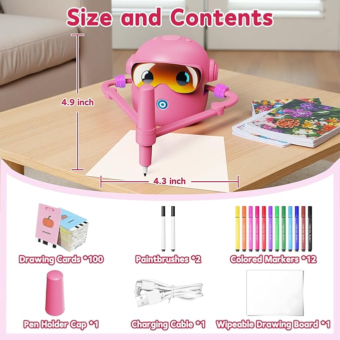 Drawing Robot for Kids, with 100 Word Cards, 12 Color Pens, Voice Interactive Educational Drawing Machine, Montessori Painting Learning Toys for 3 4 5 6 7 8 Year Old Boys Girls Birthday Party (Pink)