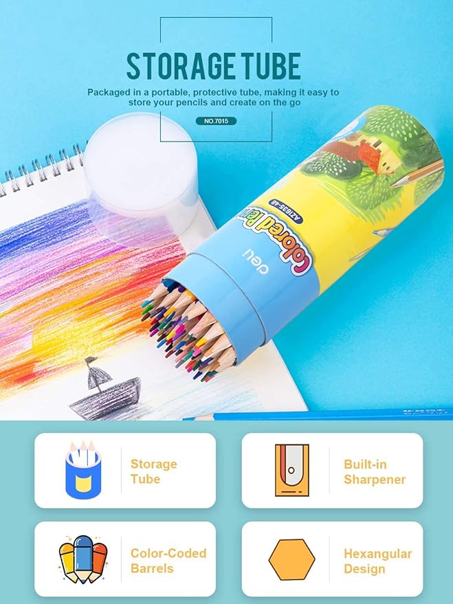 Deli 48 Pack Colored Pencils with Built-in Sharpener in Tube Cap, Vibrant Color Presharpened Pencils for School Kids Teachers, Soft Core Art Drawing Pencils for Coloring, Sketching, and Painting
