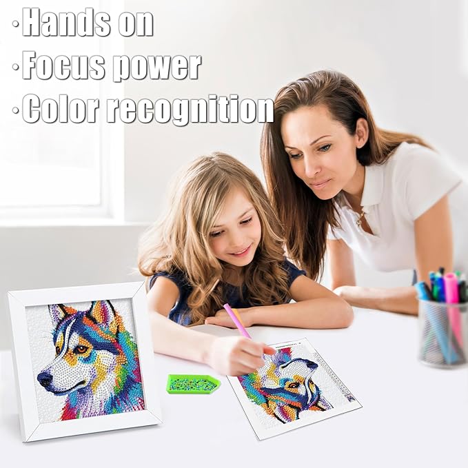 geesfayan Diamond Art Kits for Kids Ages 8-12,6 Inch DIY Gem Art Painting with 7 Inch Frame, Complete Starter Kit for Beginners, Creative Arts & Crafts Gift for Girls & Boys (Husky)