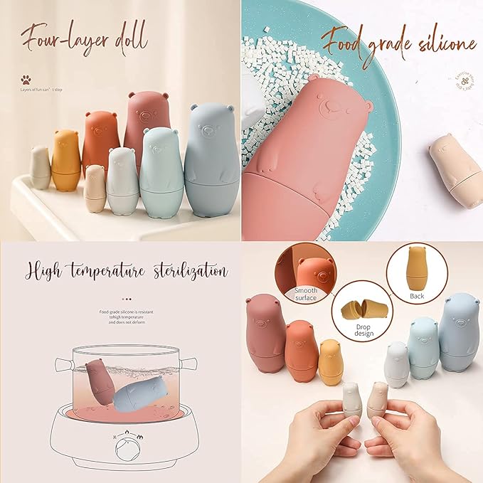 OESSUF Russian Nesting Dolls for Kids Silicone Easter Toys Matryoshka Doll Montessori Educational Toy Bears Stacking Nesting Doll Toys for Toddlers 3 Years Up (Red Doll)