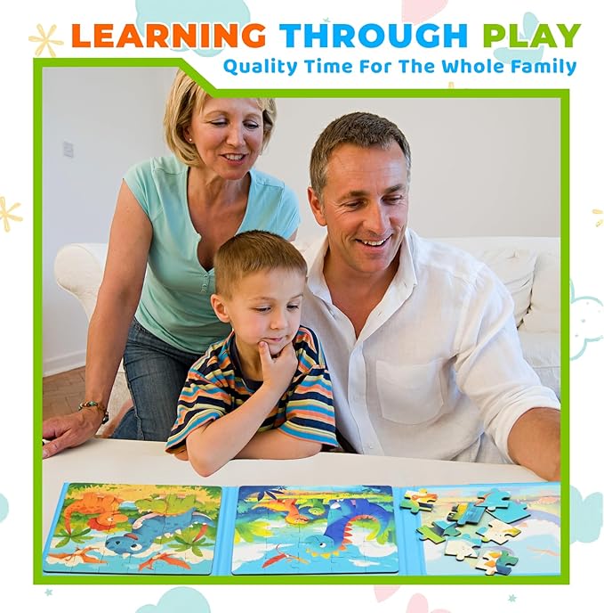Dinosaur Puzzles Toys for Kids Ages 3-5, Magnetic Jigsaw Puzzles 3 Pack 25/30/36 Piece Travel Toys with Storage Bag,Dino Puzzles for Kids Birthday for 3 4 5 Year Old Boys Girls