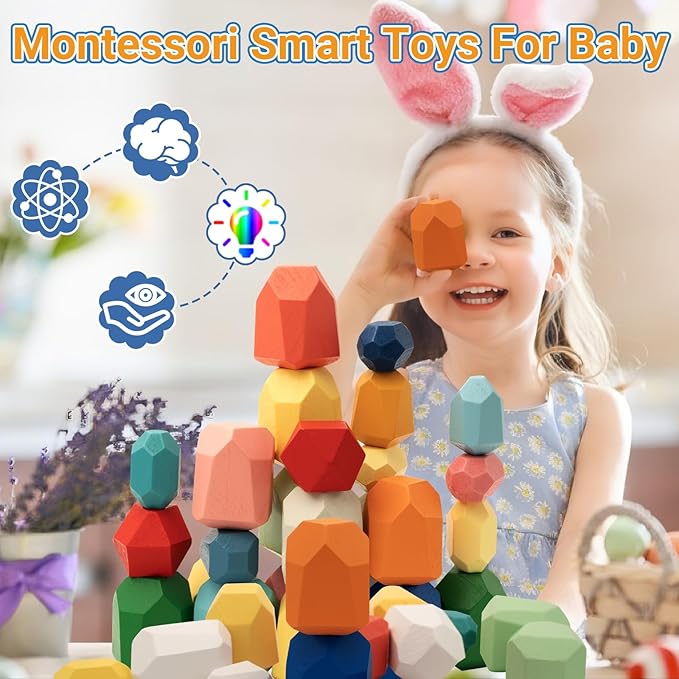 39PCS Montessori Wooden Stacking Rocks Toys Colorful Stacking Stones Building Blocks Games Sensory Toy for Toddlers Educational Learning Toys for 1 2 3 4 5 6 Years Old Kids