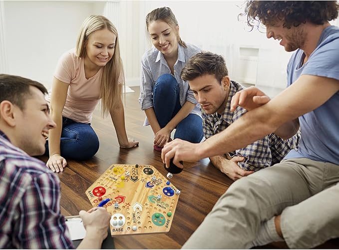 Original Marble Game Wahoo Board Game 20-Inch Double Side Painted Wooden Fast Track Board Game for 6 Player and 4 Player, 6 Colors 36 Glass Marbles 8 Dice for Family Game Night, Friends Party