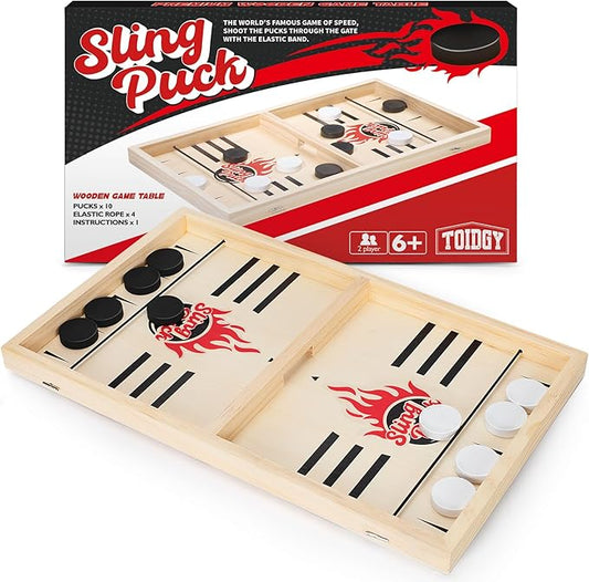 Large Fast Classic Slingshot Puck Game, Wooden Air Hockey Board Games for Family Night, Table Games for Adults and Kids, 2 Player Game for Ages 6 and Up, Test Your Speed and Accuracy