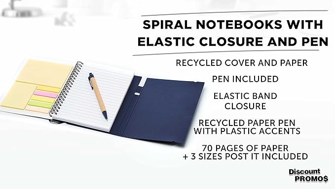 DISCOUNT PROMOS Spiral Notebooks with Elastic Closure Set of 10, Bulk Pack - Perfect for School, Office, Business and More - Navy Blue