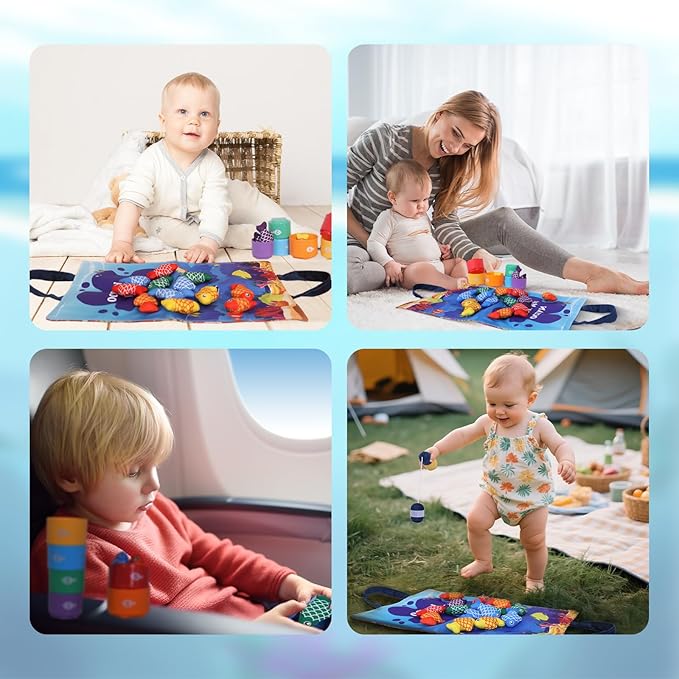 Montessori Toys for 1 Year Old, 27 Pcs Cloth Fishing Game for Toddlers Sorting Toy, Baby Toys for 1 Year Old Boy with Stacking Cups, Fishing Toys for Toddlers 1-3 First Birthday Gifts for Boy Girl