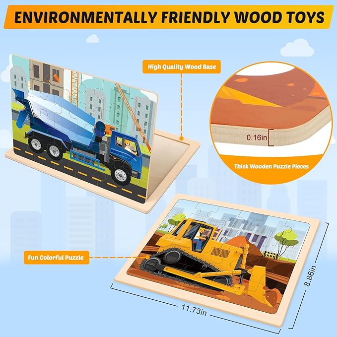 Wooden Puzzles for Kids Ages 4-6, 4 Packs 24 PCS Construction Vehicle Jigsaw Puzzles for Kids Ages 3-5, Preschool Educational Puzzles Boards Toys Gifts for Boys Girls