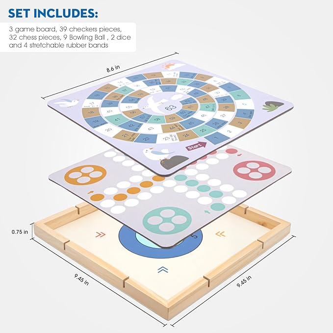 Eggsnow 8-in-1 Wooden Board Game Set for Kids Adults, Tabletop Combo Classic Travel Portable Board Games Collection with Chess, Checkers, Backgammon, Ludo, Snakes and Ladders & More