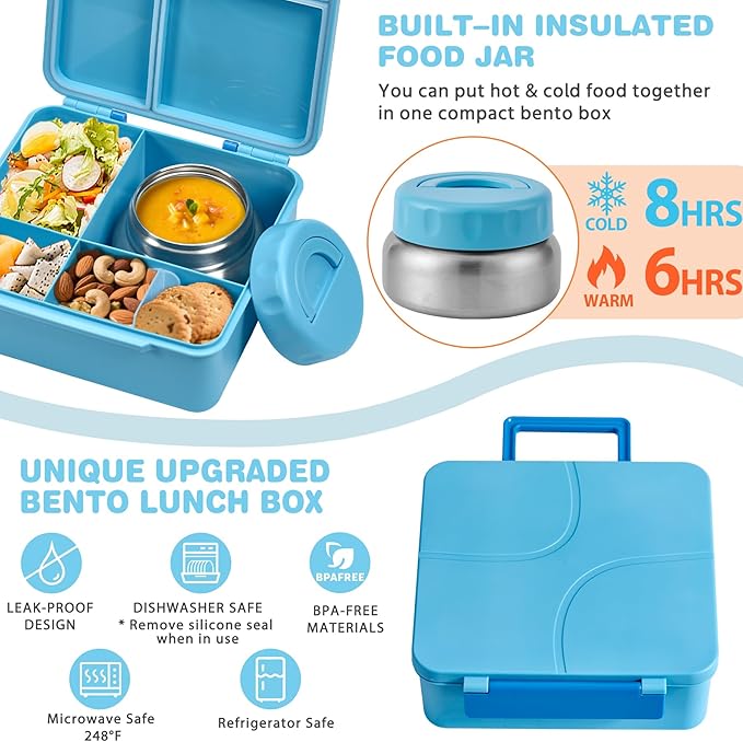 Bento Lunch Box with 9.5 oz Soup Thermo, Kids Leakproof 4 Compartments Bento Box with Silicone Cupcake,Fruit Fork,Spoon and Sauce Cup,Insulated Food Jar for School Travel-Blue