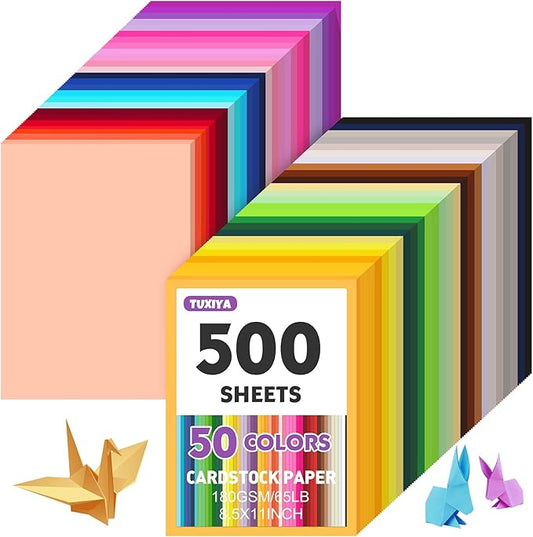 500 Sheets 8.5" X 11" Colored Cardstock, 50 Assorted Colors Construction Paper Card Stock Printer Paper for Printing, Card Making, DIY Crafts, Kids School Supplies,Party Decorations (180 GSM)