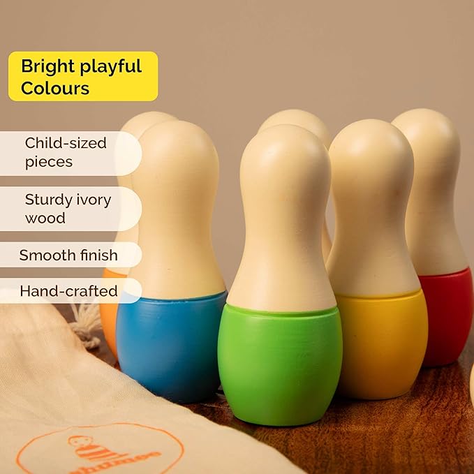 Shumee Montessori Wooden Kids Bowling set 2+ Years, Eco-Friendly Toddler Bowling Sets with 6 Pins & Ball, Indoor/Outdoor Bowling Set For Kids, Muscle & Brain Development, 100% Child-Safe Toy - Stripes