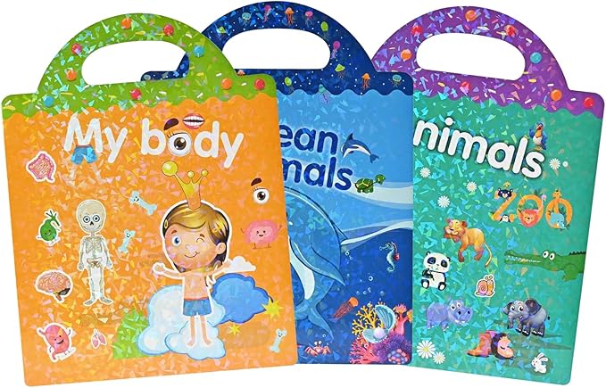 Reusable Sticker Books for Kids, Road Trip Activities for Kids, Toddler Travel Toys Sensory Crafts Gifts, Halloween Toddler Boo Basket Stuffers- Animals, Ocean Animals and Body
