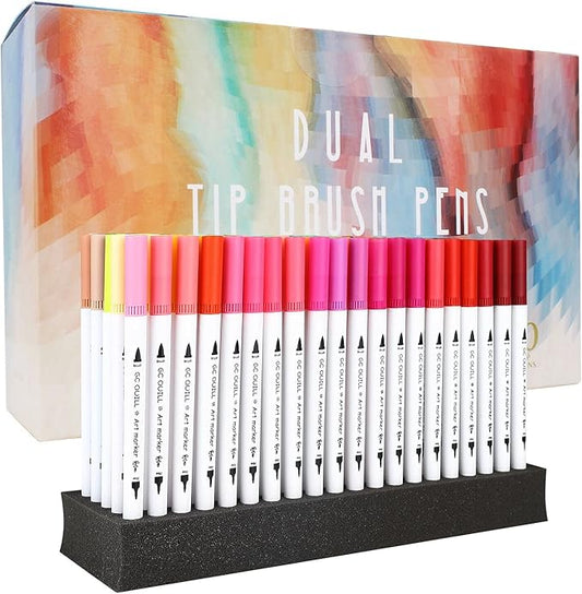 GC 100 Dual Tip Brush Pen Coloring Markers Set Flexible Brush Fineliner Tips - Watercolor Based Markers for Adult Coloring Books Calligraphy Hand Lettering Drawing Markers 100W