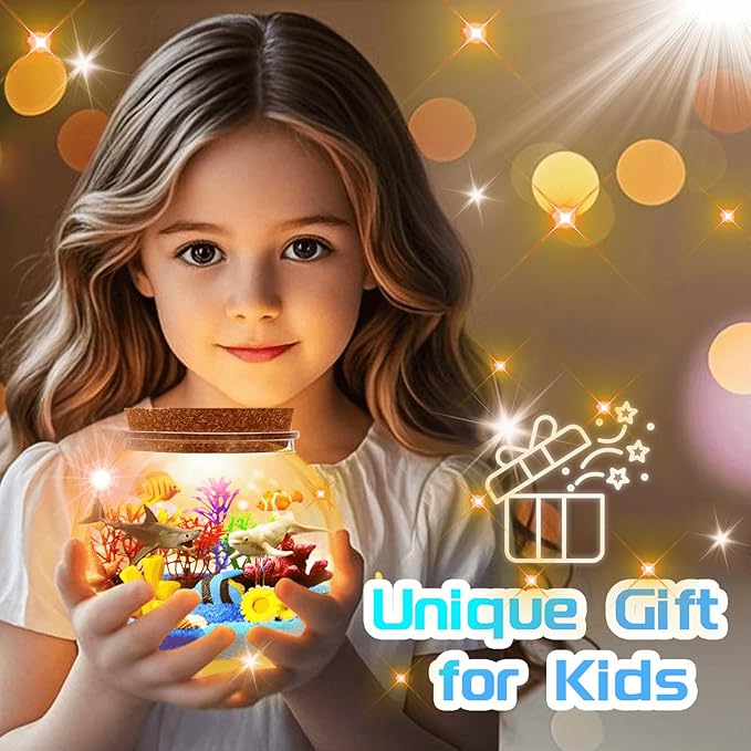Ocean Light Up Terrarium Kit for Kids - LED Night Light Ocean Birthday Gift for Girls & Boys Ages 4 5 6 7 8-12, Kids Arts & Crafts Kit