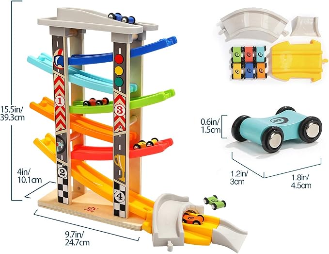 TOP BRIGHT Wooden Car Ramp Toddler Toys for 1 2 Year Old Boy Race Track, Race Car Ramp for One Two Year Old with 6 Mini Cars