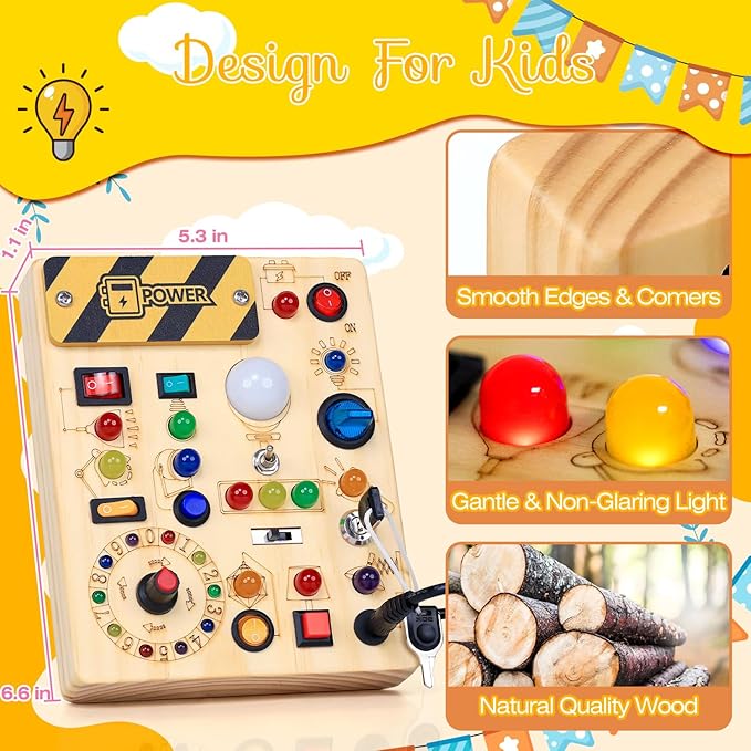 RichBoy Busy Board for 1-3 Year Old, 37 in 1 LED Light Up Wooden Sensory Montessori Switch Board Toy for Toddlers Travel Gift (6.7" x 5.3")
