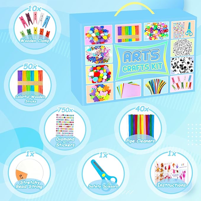 2000 PCS Arts and Crafts Supplies for Kids All-in-1 Craft Kit with Pipe Cleaners Craft Box Set DIY Crafting Supply School Supplies Toys Gifts for Girls Boys Ages 4-6, 6-8, 8-12, Blue