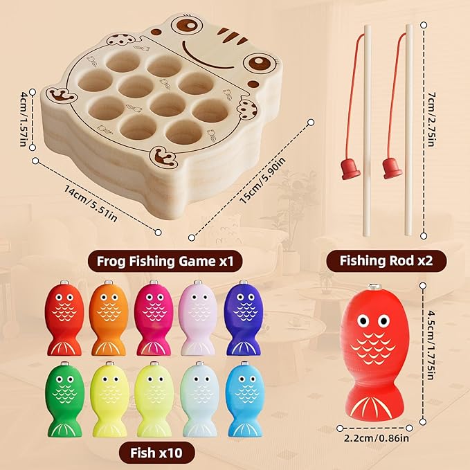 Wooden Magnetic Fishing Game for Toddlers 1-3, Montessori Sensory Busy Board Fine Motor Skills Toys for 1 2 3 Years Old Boys Girls (Frog B-Fish Game)
