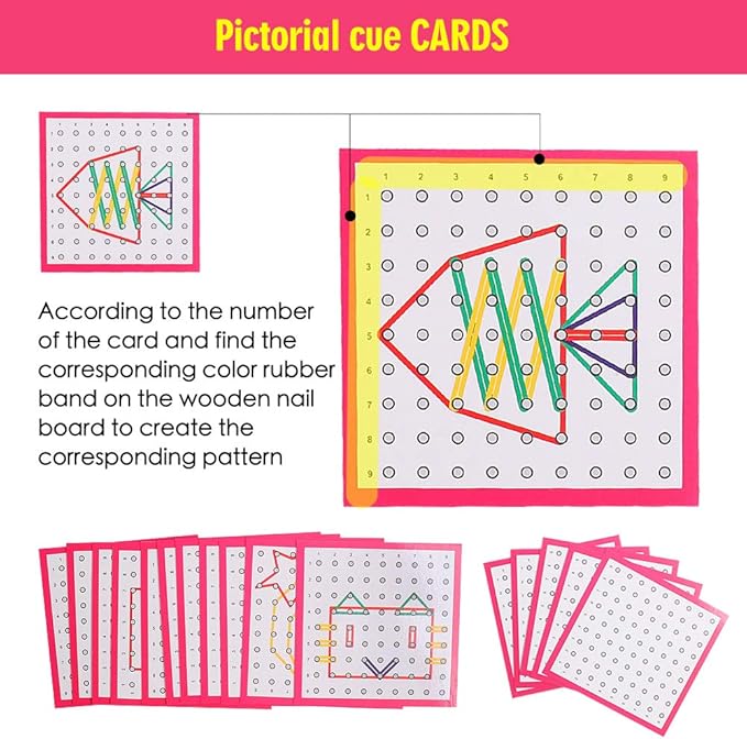Skrtuan Wooden Geoboard with Pattern Cards & Rubber Bands, Montessori STEM Educational Toy for Kids 5-8 Years Old, Brain Teaser Puzzle Game for Geometry Learning and Creative Shapes