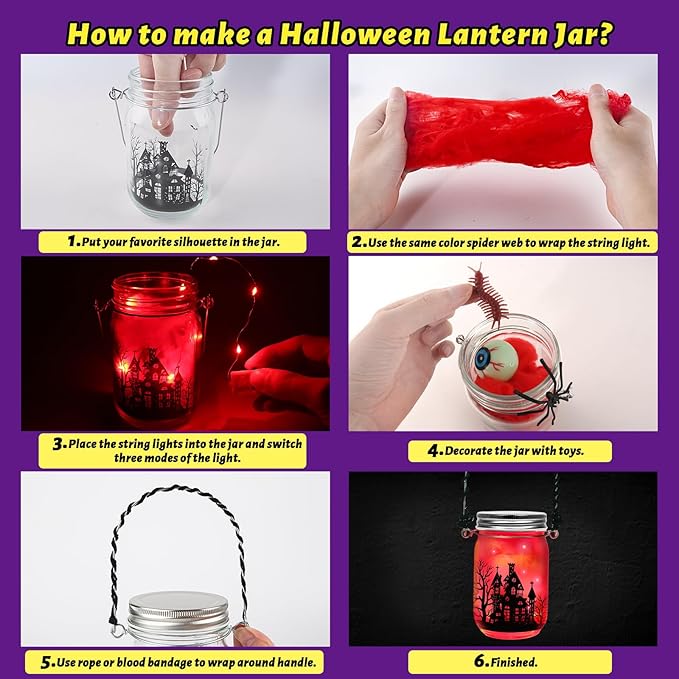 Letapapa Halloween Crafts for Kids, 12 PCS Mason Jar with Accessories for DIY Craft & Art Party Favor Supplies, Halloween Decoration Trick or Treat, Classroom Art Activities