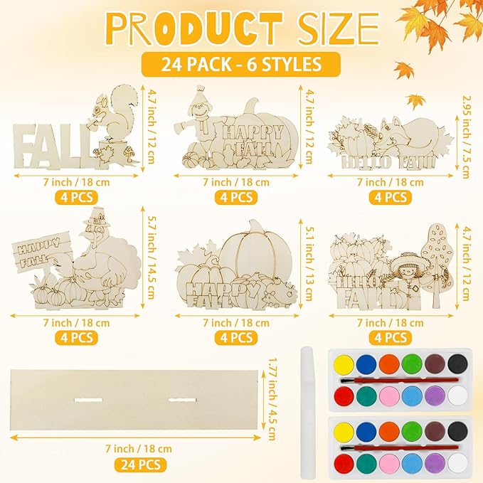 24 Pcs Fall Crafts for Kids Bulk, Fall Arts and Crafts Kits, Thanksgiving Fall Wooden Painting Crafts for Boys Girls Fall Activities Harvest Party Favors Home Classroom DIY Table Decorations