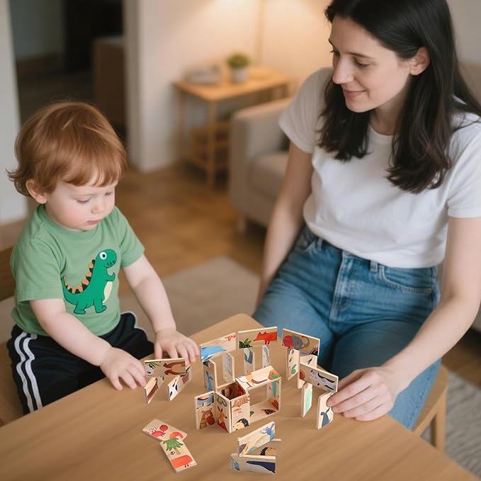 Wooden Puzzles for Toddlers Toddler Puzzles – Montessori Animal Toy Puzzle for Toddlers 3-5 Year Old – Wood Toy Learning Realistic Animals for Boy and Girl(Domino Shape)