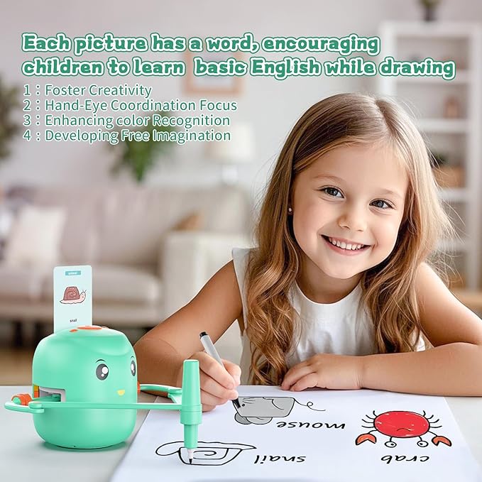 Interactive Educational Drawing Robot for Kids - Montessori Learning Toy with 100 Word Cards, Voice Interaction, Ages 5+ (Green)